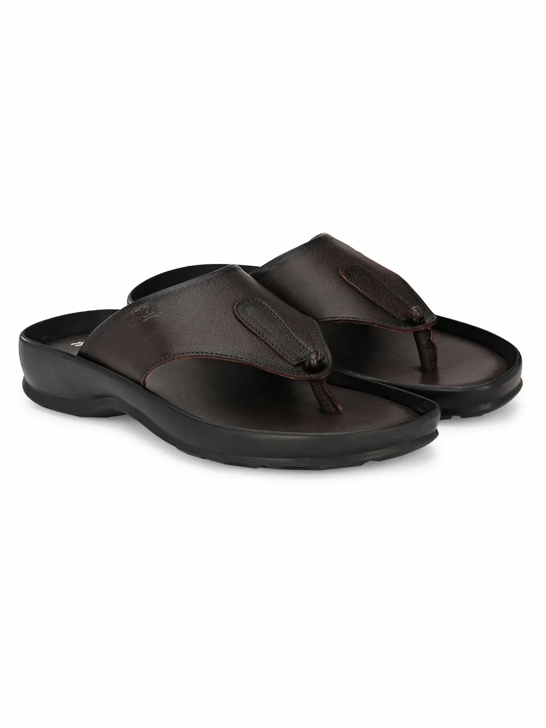 Hitz Men's Brown Leather Open Toe Indoor Outdoor Comfort Slippers
